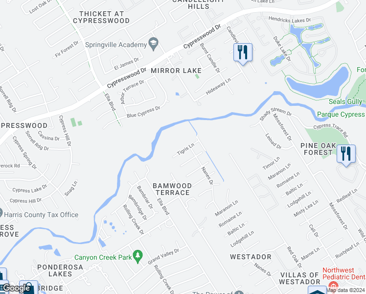 map of restaurants, bars, coffee shops, grocery stores, and more near 1106 Tigris Lane in Houston