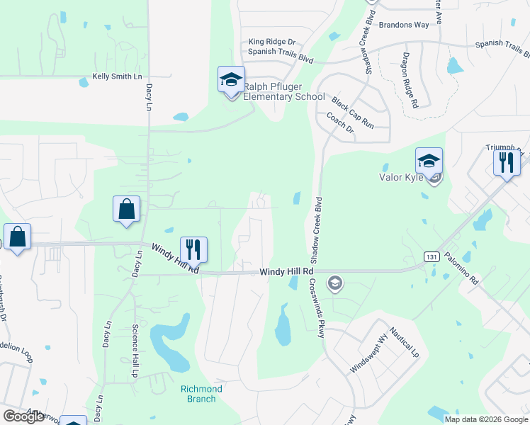 map of restaurants, bars, coffee shops, grocery stores, and more near 103 Belinda Lane in Kyle