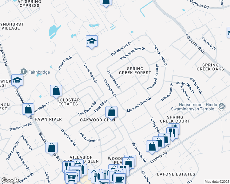 map of restaurants, bars, coffee shops, grocery stores, and more near 17415 Rustington Drive in Spring