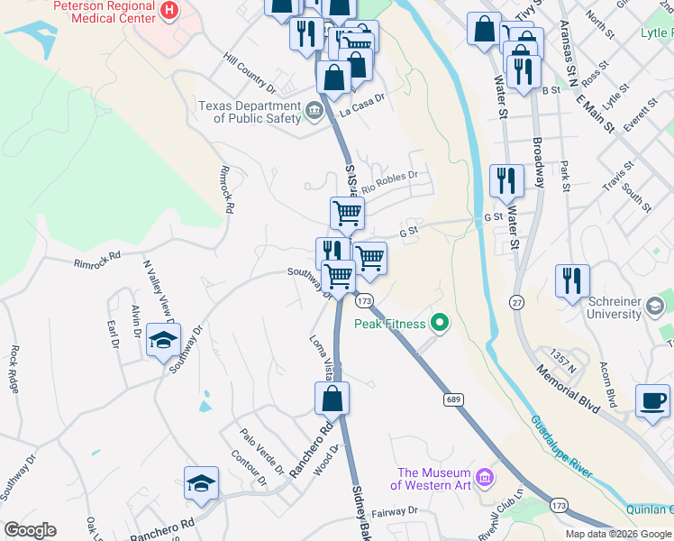 map of restaurants, bars, coffee shops, grocery stores, and more near 1152 Sidney Baker St S in Kerrville