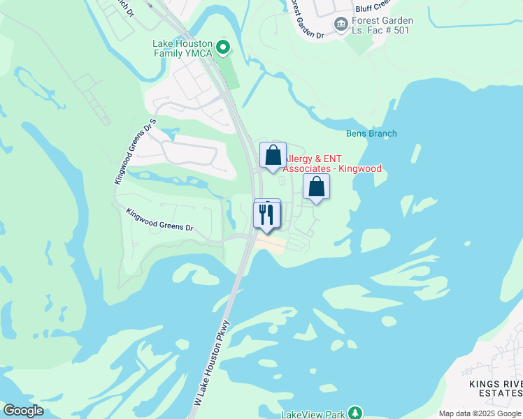 map of restaurants, bars, coffee shops, grocery stores, and more near 1710 West Lake Houston Parkway in Humble