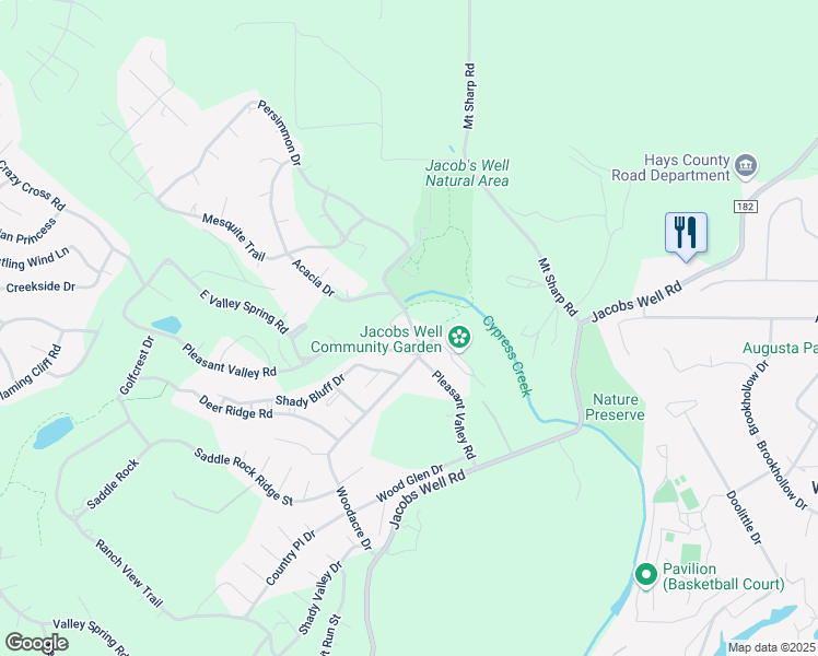 map of restaurants, bars, coffee shops, grocery stores, and more near 13 Cypress Fairway Village in Wimberley