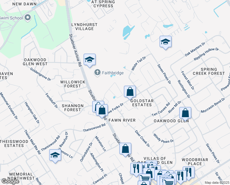 map of restaurants, bars, coffee shops, grocery stores, and more near 17814 Stuebner Airline Road in Spring