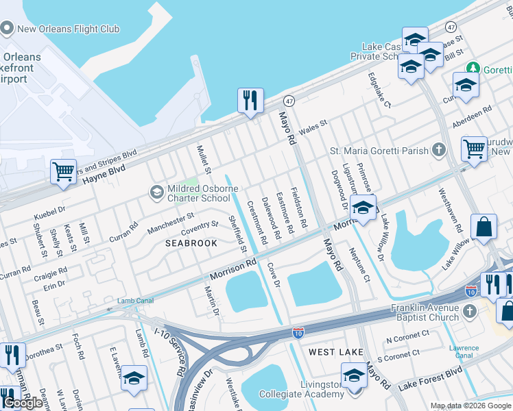 map of restaurants, bars, coffee shops, grocery stores, and more near 7451 Crestmont Road in New Orleans