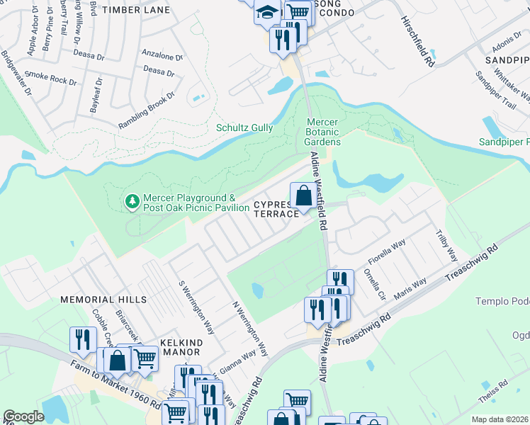 map of restaurants, bars, coffee shops, grocery stores, and more near 21823 Siberian Elm Lane in Houston