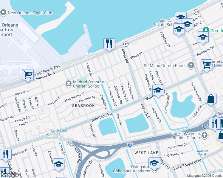map of restaurants, bars, coffee shops, grocery stores, and more near 7451 Crestmont Road in New Orleans