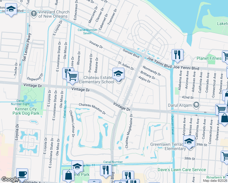 map of restaurants, bars, coffee shops, grocery stores, and more near 933 Champagne Drive in Kenner