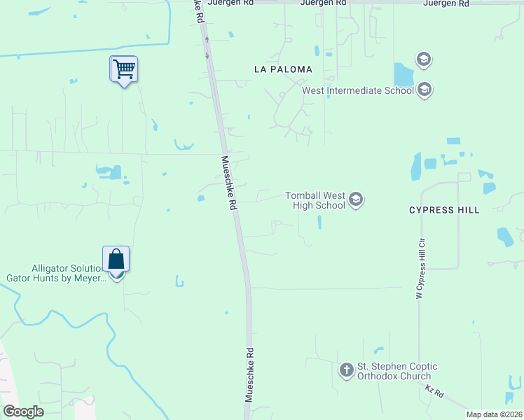 map of restaurants, bars, coffee shops, grocery stores, and more near 17810 Mueschke Road in Cypress