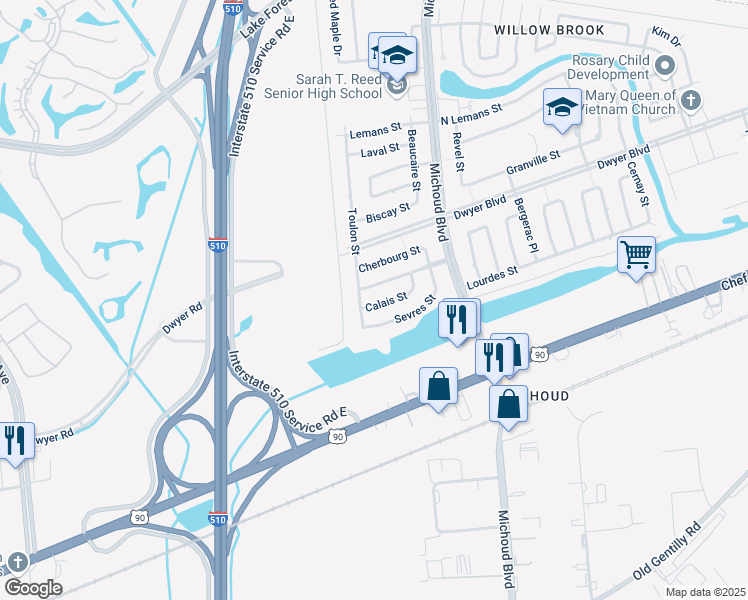 map of restaurants, bars, coffee shops, grocery stores, and more near 13019 Calais Street in New Orleans