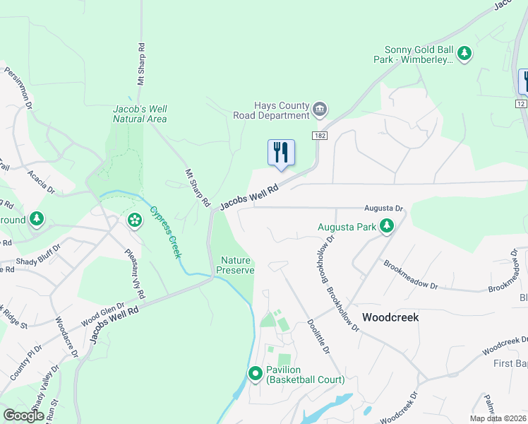map of restaurants, bars, coffee shops, grocery stores, and more near 187 Augusta Drive in Woodcreek