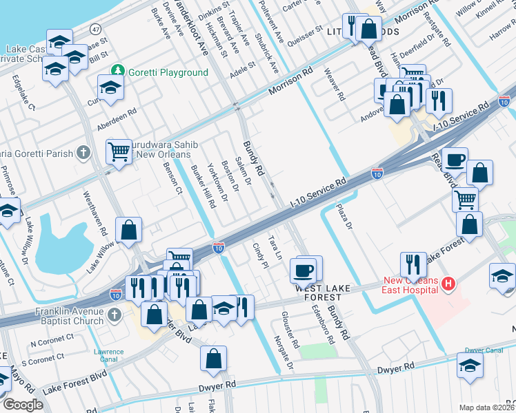 map of restaurants, bars, coffee shops, grocery stores, and more near 6942 Bundy Road in New Orleans