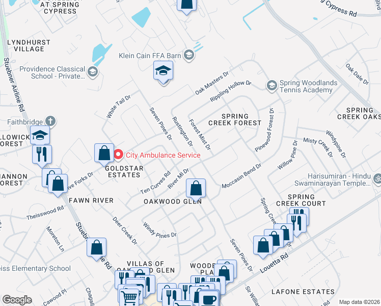 map of restaurants, bars, coffee shops, grocery stores, and more near 17523 Forest Mist Drive in Spring