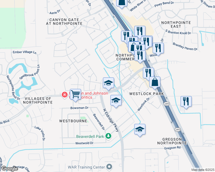 map of restaurants, bars, coffee shops, grocery stores, and more near 18822 North Eldridge Parkway in Tomball