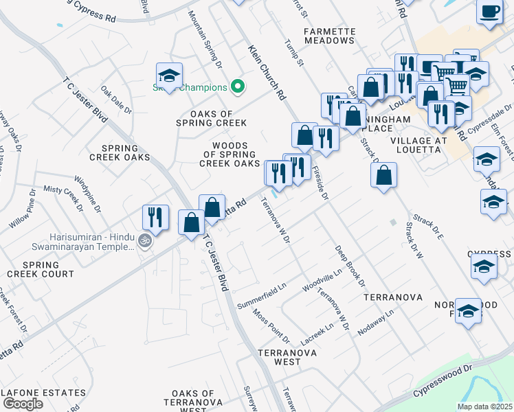 map of restaurants, bars, coffee shops, grocery stores, and more near 18381 Terranova West Drive in Spring