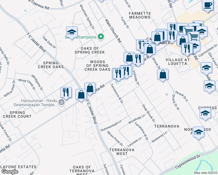map of restaurants, bars, coffee shops, grocery stores, and more near 18381 Terranova West Drive in Spring