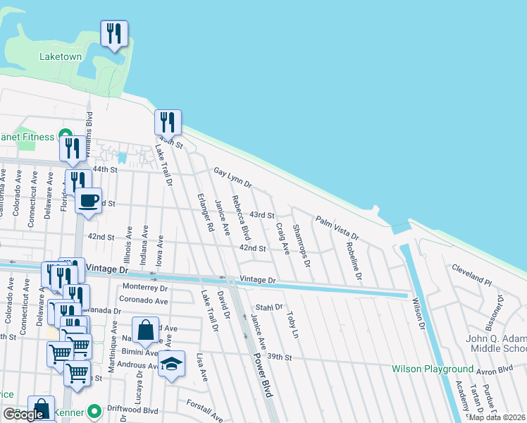 map of restaurants, bars, coffee shops, grocery stores, and more near 5513 Craig Avenue in Kenner