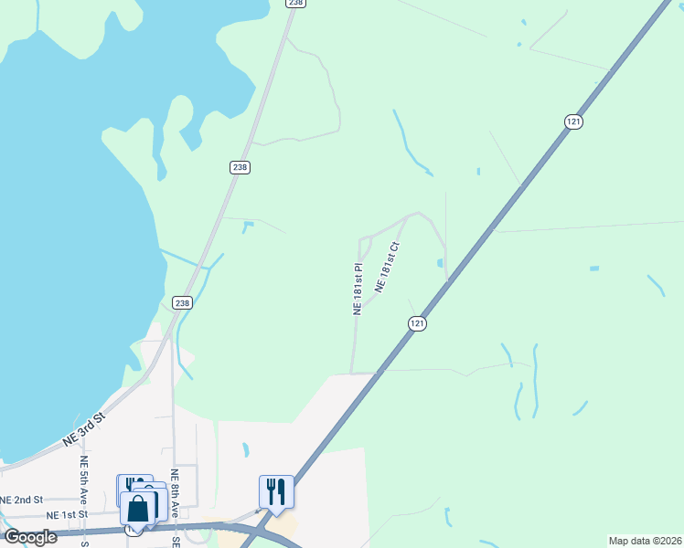 map of restaurants, bars, coffee shops, grocery stores, and more near 10975 Northeast 181st Place in Lake Butler
