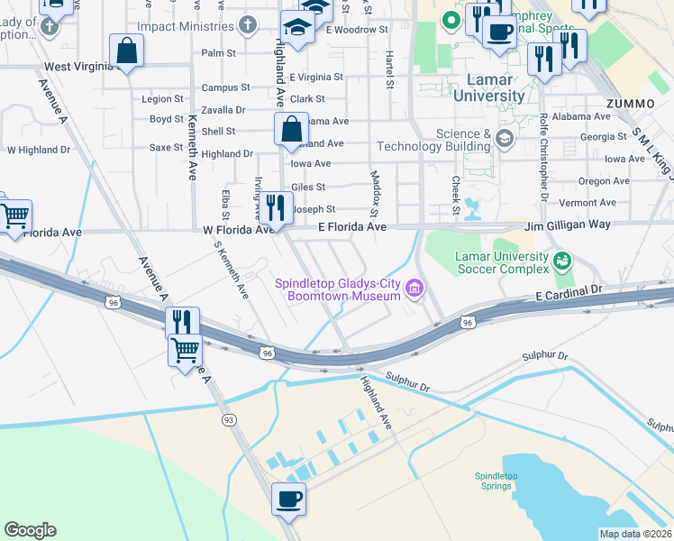 map of restaurants, bars, coffee shops, grocery stores, and more near 5260 Fairview Avenue in Beaumont