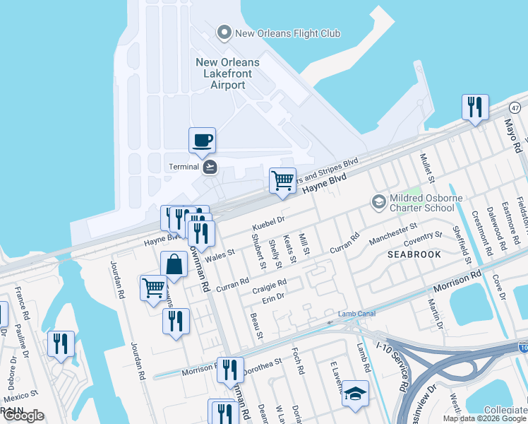 map of restaurants, bars, coffee shops, grocery stores, and more near 6214 Hayne Boulevard in New Orleans