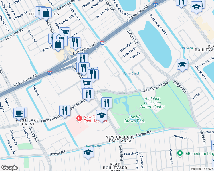 map of restaurants, bars, coffee shops, grocery stores, and more near 1000 Lake Forest Boulevard in New Orleans