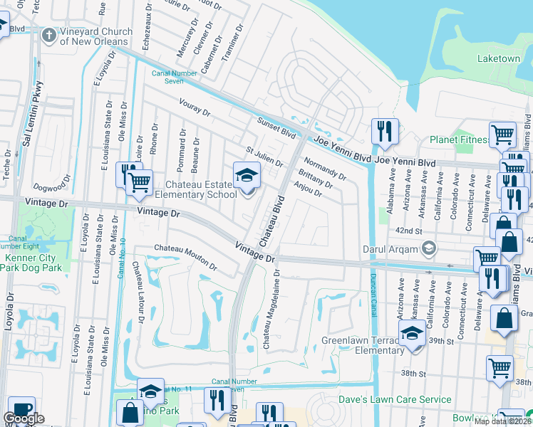 map of restaurants, bars, coffee shops, grocery stores, and more near 4152 Medoc Drive in Kenner