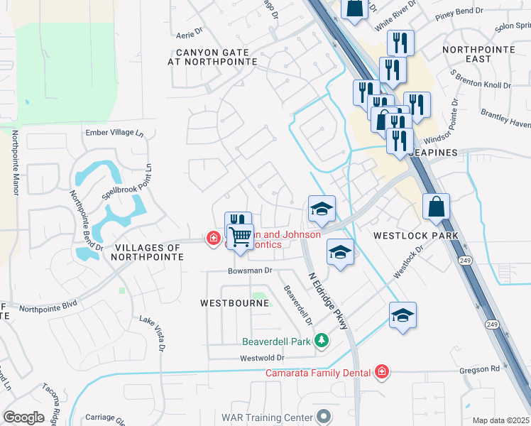 map of restaurants, bars, coffee shops, grocery stores, and more near 11923 Canyon Star Lane in Tomball