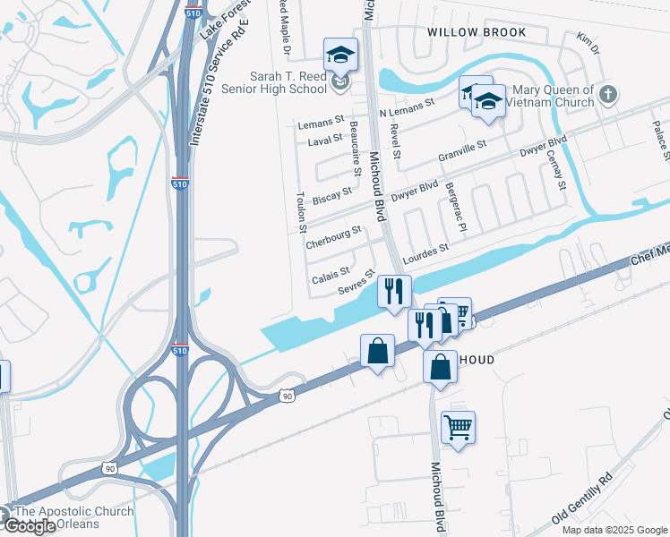 map of restaurants, bars, coffee shops, grocery stores, and more near 13035 Deauville Court in New Orleans
