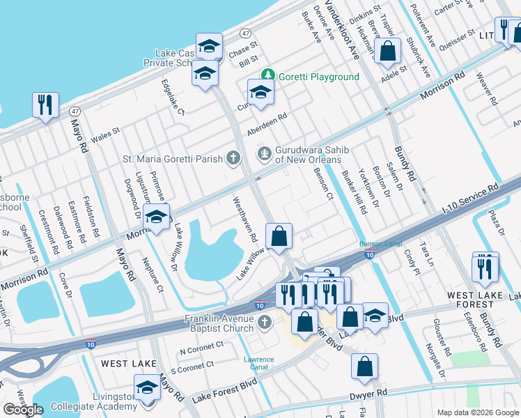 map of restaurants, bars, coffee shops, grocery stores, and more near 8410 Beechwood Court in New Orleans