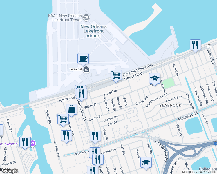map of restaurants, bars, coffee shops, grocery stores, and more near 6210 Hayne Boulevard in New Orleans
