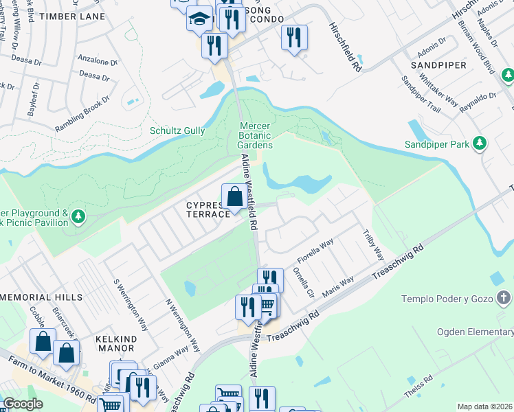 map of restaurants, bars, coffee shops, grocery stores, and more near Mesquite Ridge Drive in Humble