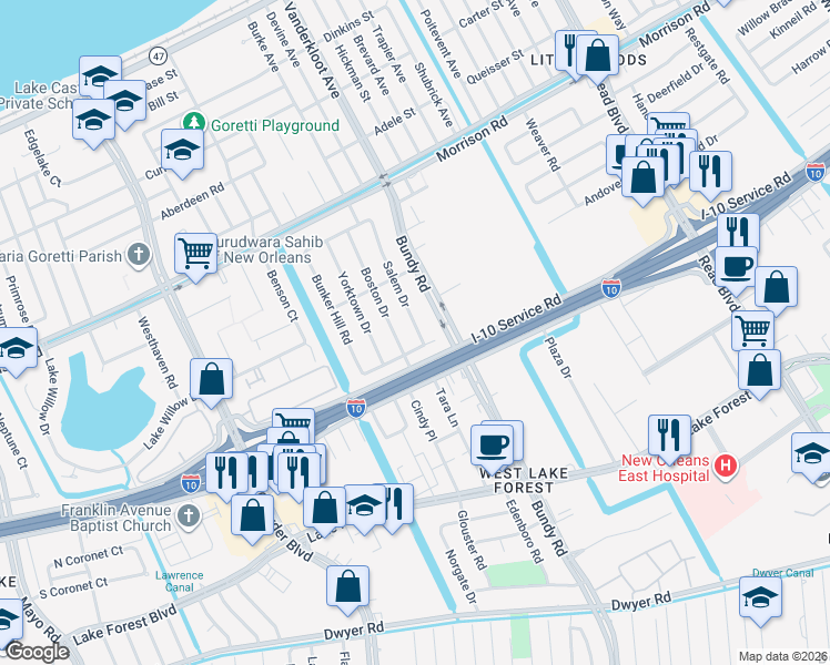 map of restaurants, bars, coffee shops, grocery stores, and more near 6942 Bundy Road in New Orleans