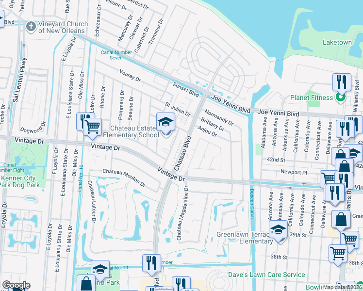 map of restaurants, bars, coffee shops, grocery stores, and more near 4133 Chateau Boulevard in Kenner