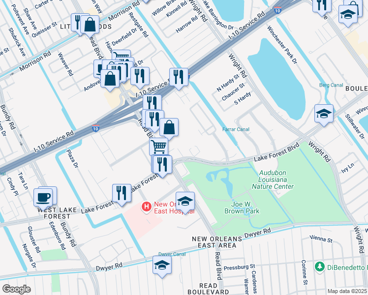 map of restaurants, bars, coffee shops, grocery stores, and more near 1000 Lake Forest Boulevard in New Orleans