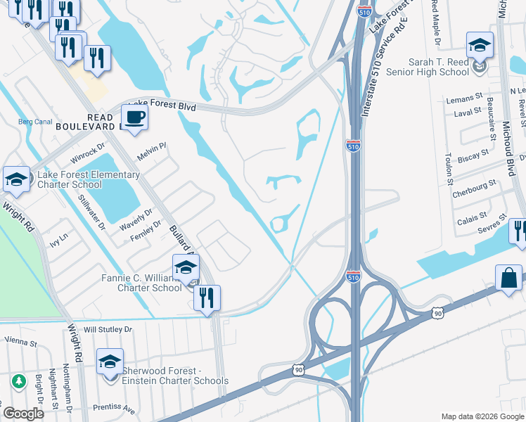map of restaurants, bars, coffee shops, grocery stores, and more near 5411 South Eastover Drive in New Orleans