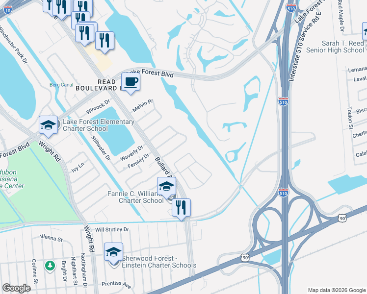map of restaurants, bars, coffee shops, grocery stores, and more near 11433 South Easterlyn Circle in New Orleans