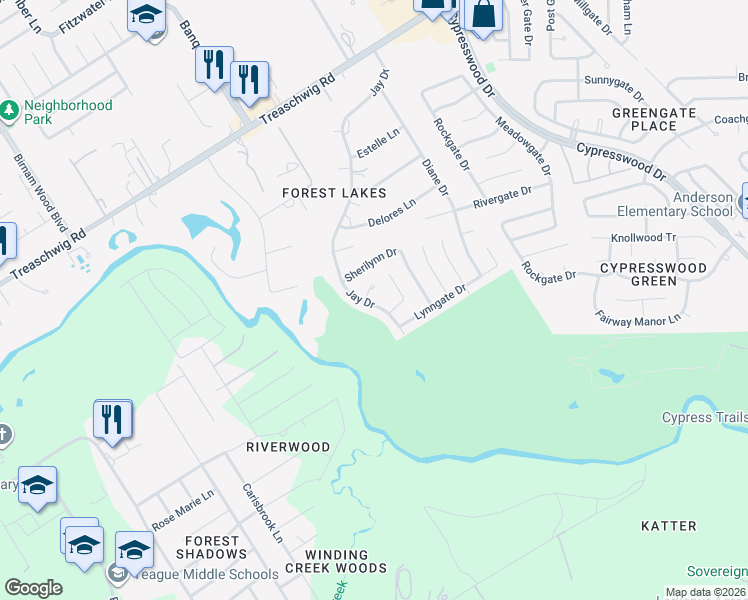map of restaurants, bars, coffee shops, grocery stores, and more near 22203 Bridgebrook Drive in Spring