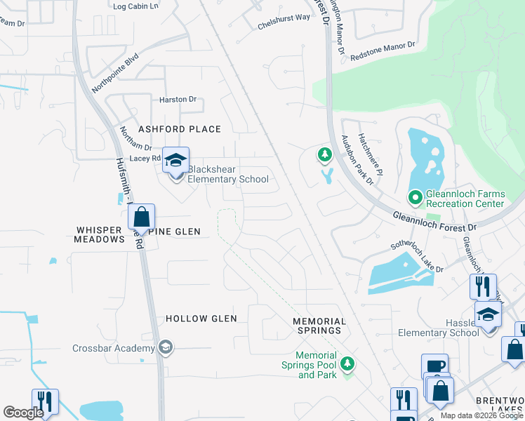 map of restaurants, bars, coffee shops, grocery stores, and more near 10007 Kendahlwood Lane in Tomball