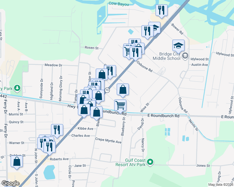map of restaurants, bars, coffee shops, grocery stores, and more near 130 East Darby Street in Bridge City
