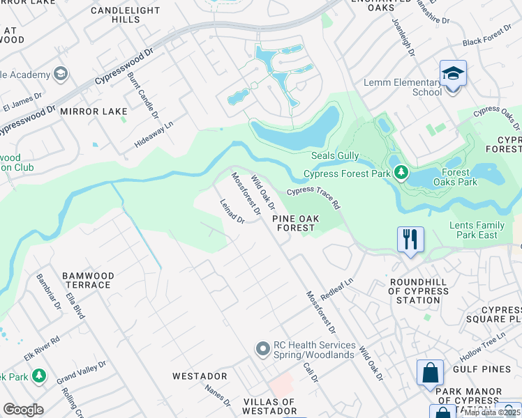 map of restaurants, bars, coffee shops, grocery stores, and more near 18317 Wild Oak Drive in Houston