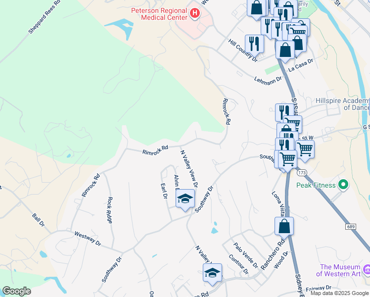 map of restaurants, bars, coffee shops, grocery stores, and more near 570 Rimrock Road in Kerrville