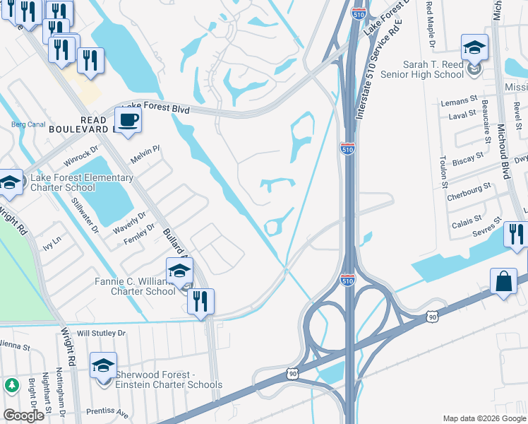 map of restaurants, bars, coffee shops, grocery stores, and more near 5411 South Eastover Drive in New Orleans