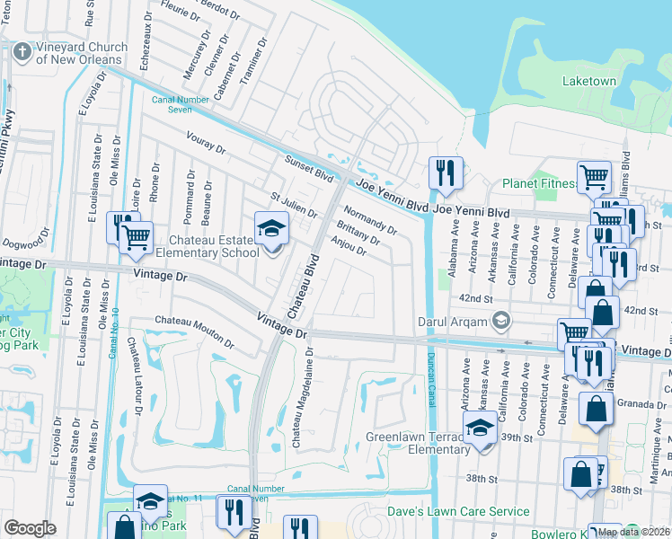 map of restaurants, bars, coffee shops, grocery stores, and more near 29 Monte Carlo Drive in Kenner
