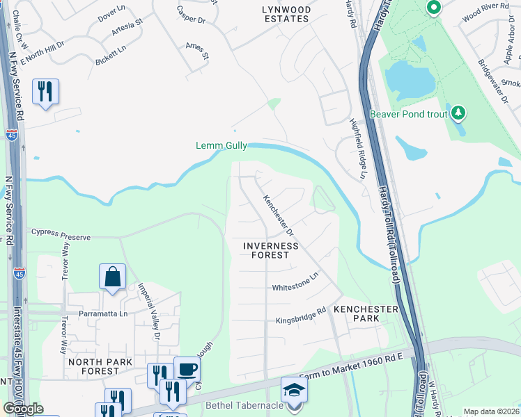 map of restaurants, bars, coffee shops, grocery stores, and more near 1202 Forsythe Lane in Houston