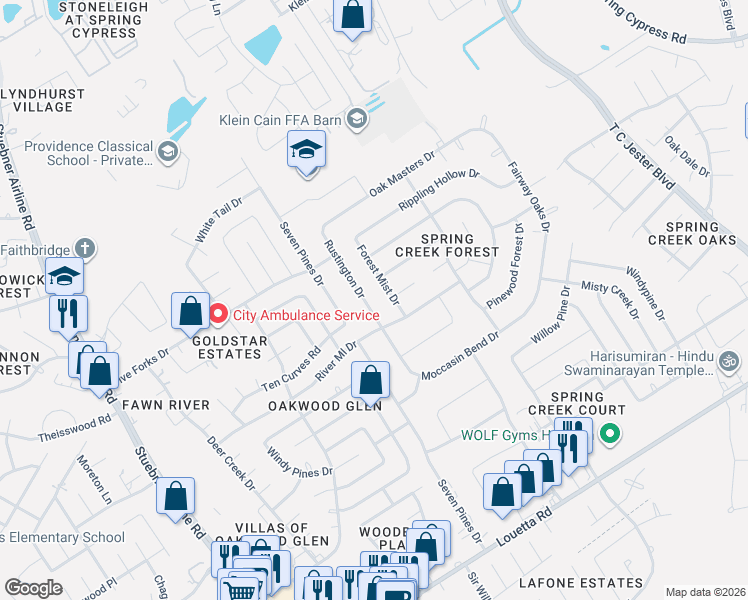 map of restaurants, bars, coffee shops, grocery stores, and more near 17523 Forest Mist Drive in Spring