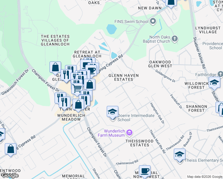 map of restaurants, bars, coffee shops, grocery stores, and more near 8423 Marchelle Lane in Spring