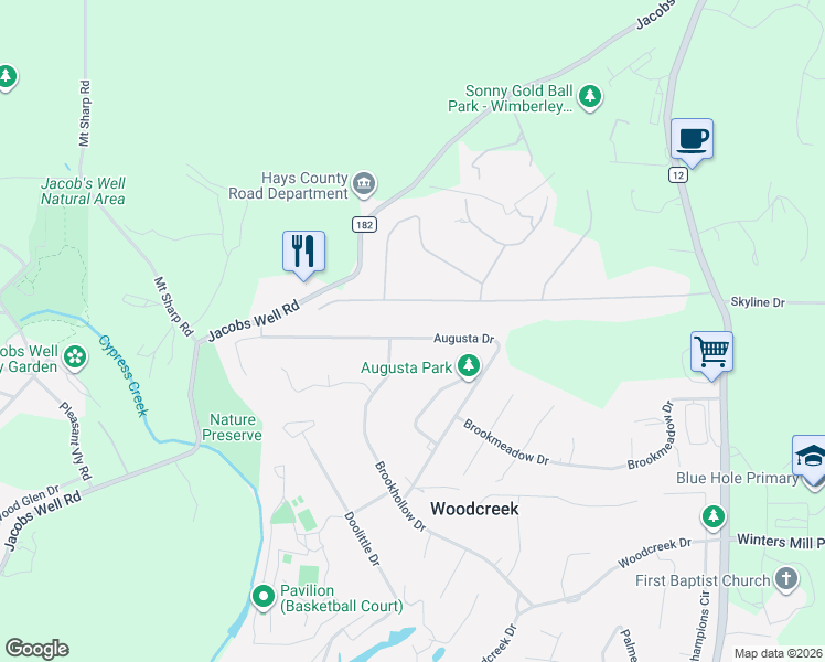 map of restaurants, bars, coffee shops, grocery stores, and more near 133 Augusta Drive in Woodcreek