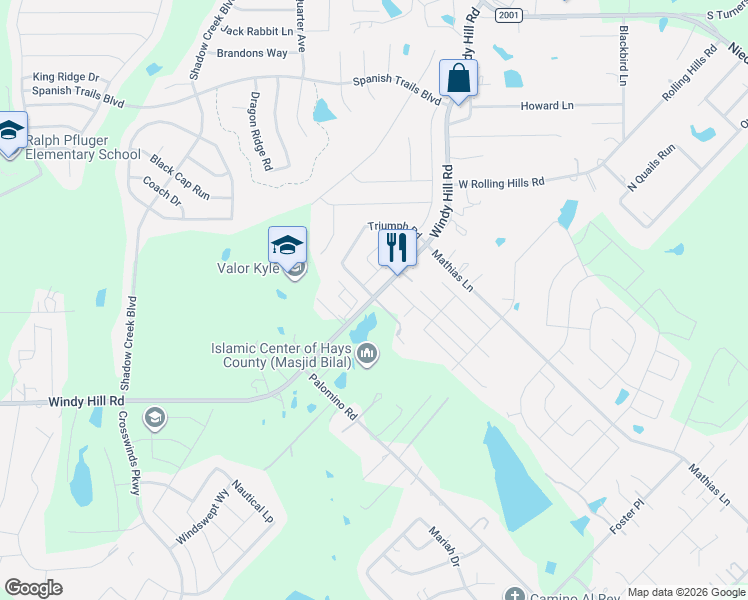 map of restaurants, bars, coffee shops, grocery stores, and more near 2510 Windy Hill Road in Kyle