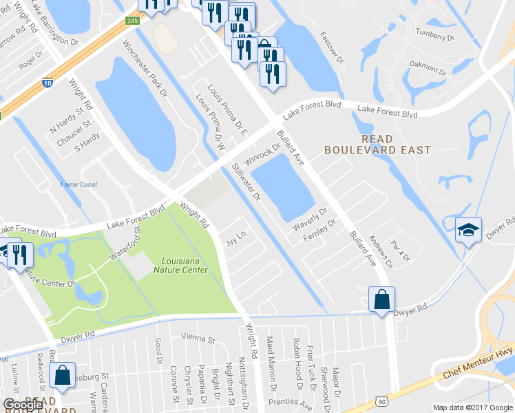 map of restaurants, bars, coffee shops, grocery stores, and more near 5500 Stillwater Drive in New Orleans