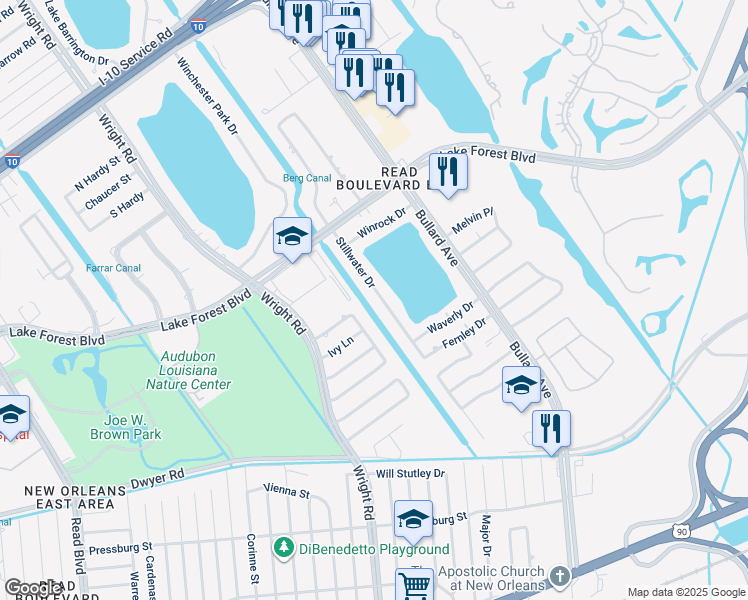 map of restaurants, bars, coffee shops, grocery stores, and more near 5500 Stillwater Drive in New Orleans