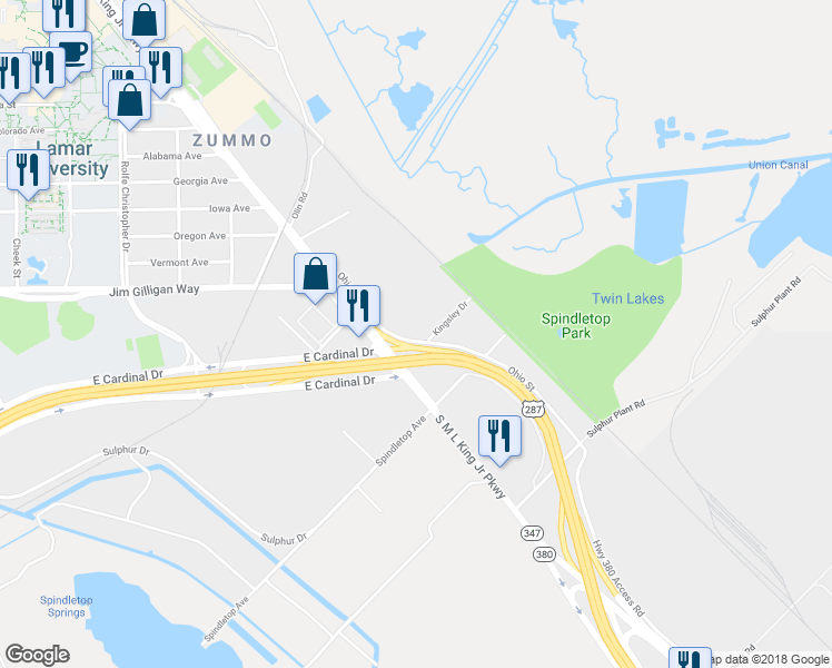 map of restaurants, bars, coffee shops, grocery stores, and more near 1965 Kingsley Drive in Beaumont